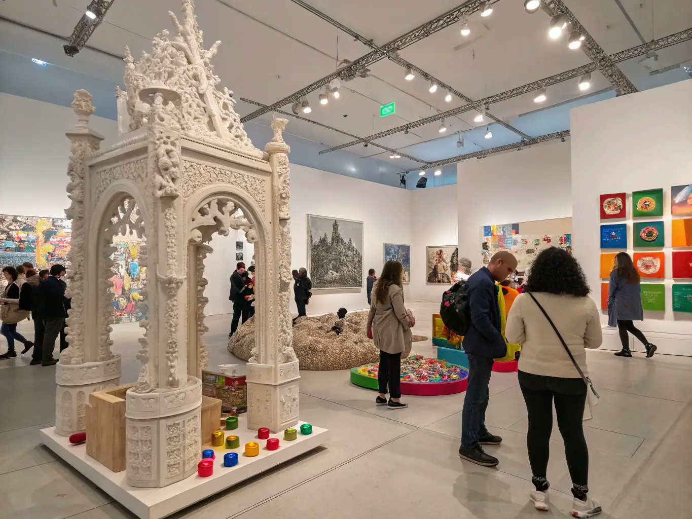 A photo of a public art installation sponsored by the association, showcasing a unique and thought-provoking piece of contemporary art. The installation is set in a public space, highlighting the association's efforts to expand access to culture.