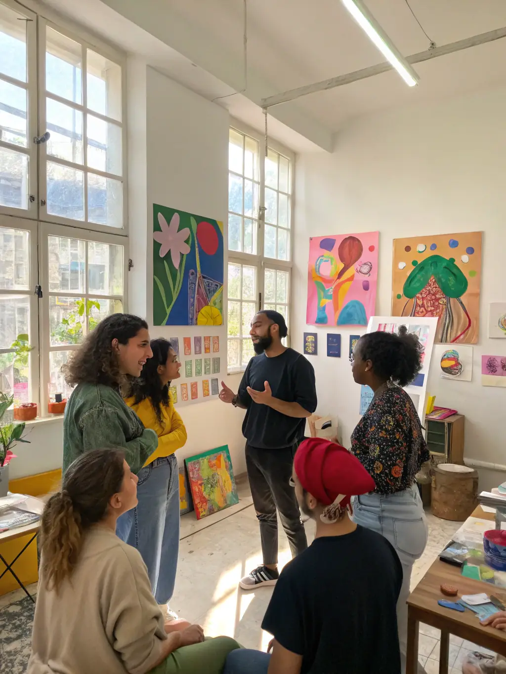 A photo of young artists showcasing their work at an ASSOCIATION LES SALES TEINTS BRANQUES-supported exhibition, emphasizing the association's role in supporting emerging creators.
