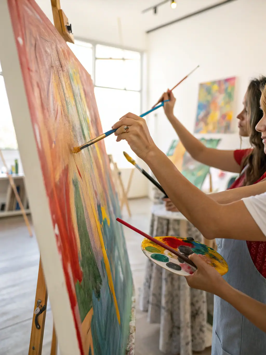 A photo of a diverse group of people participating in an ASSOCIATION LES SALES TEINTS BRANQUES-sponsored art workshop, emphasizing community engagement and inclusive participation.