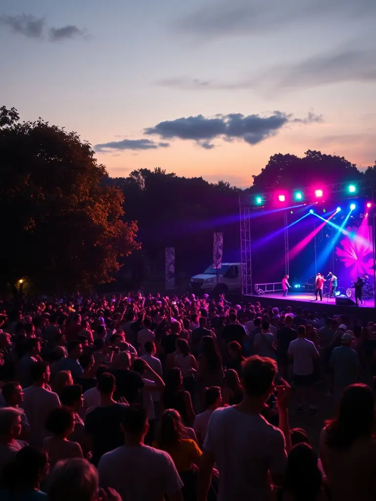 A picture of an outdoor music festival organized by ASSOCIATION LES SALES TEINTS BRANQUES, with diverse attendees enjoying various musical acts and art installations in a public space.