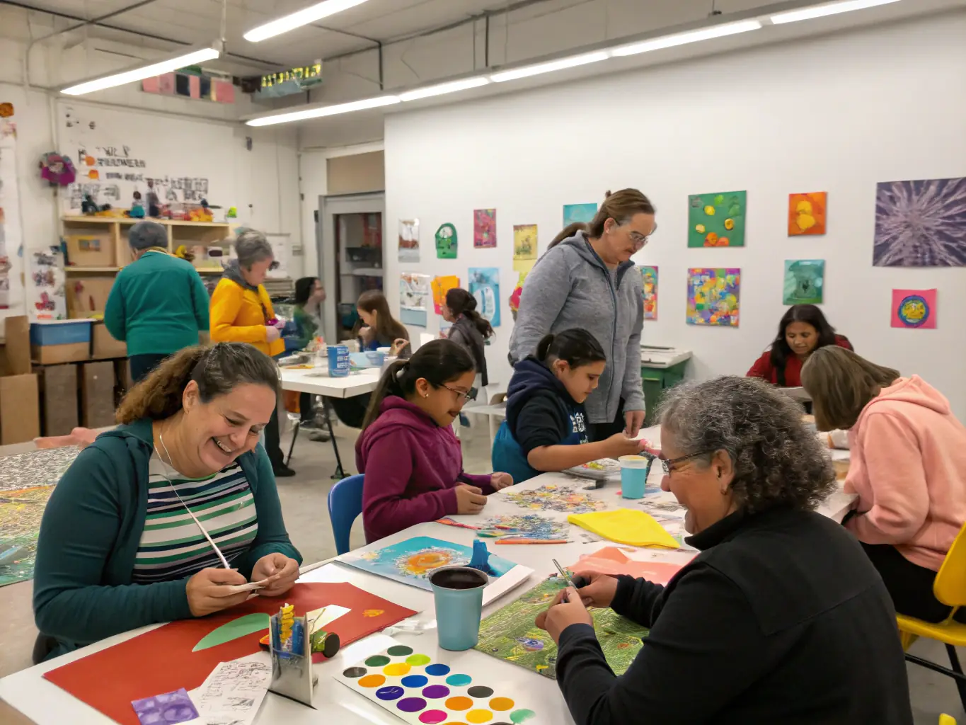 An image of a community workshop focused on artistic expression, with participants actively engaged in creating art. The setting is informal and collaborative, emphasizing the association's commitment to inclusive participation.