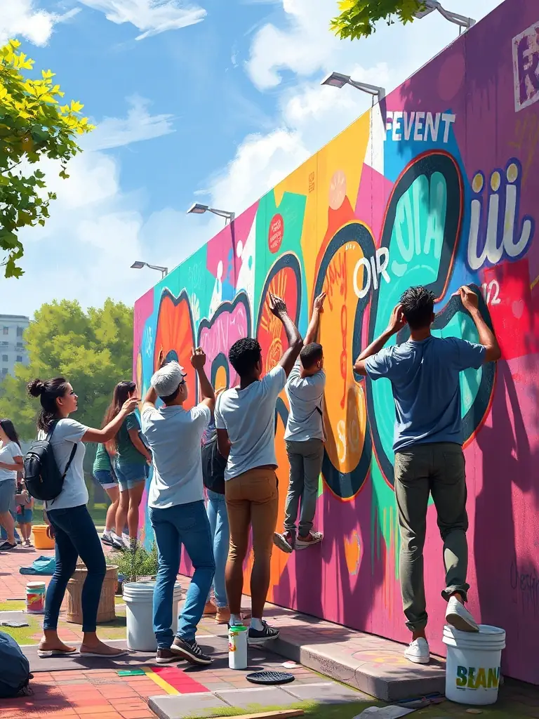 A photograph of a collaborative art project facilitated by ASSOCIATION LES SALES TEINTS BRANQUES, showing artists and community members working together on a mural or installation.