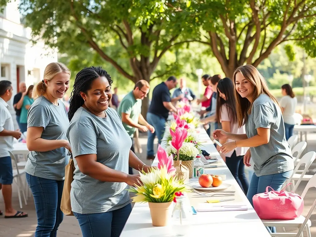 A group of volunteers setting up chairs and decorations for an outdoor music event in a park, showcasing community involvement and preparation for a public performance.