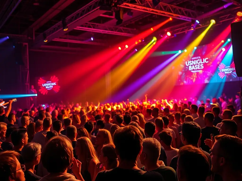A vibrant image showcasing a live contemporary music performance, with diverse audience members enjoying the show. The lighting is dynamic, and the atmosphere is energetic, capturing the essence of the association's events.
