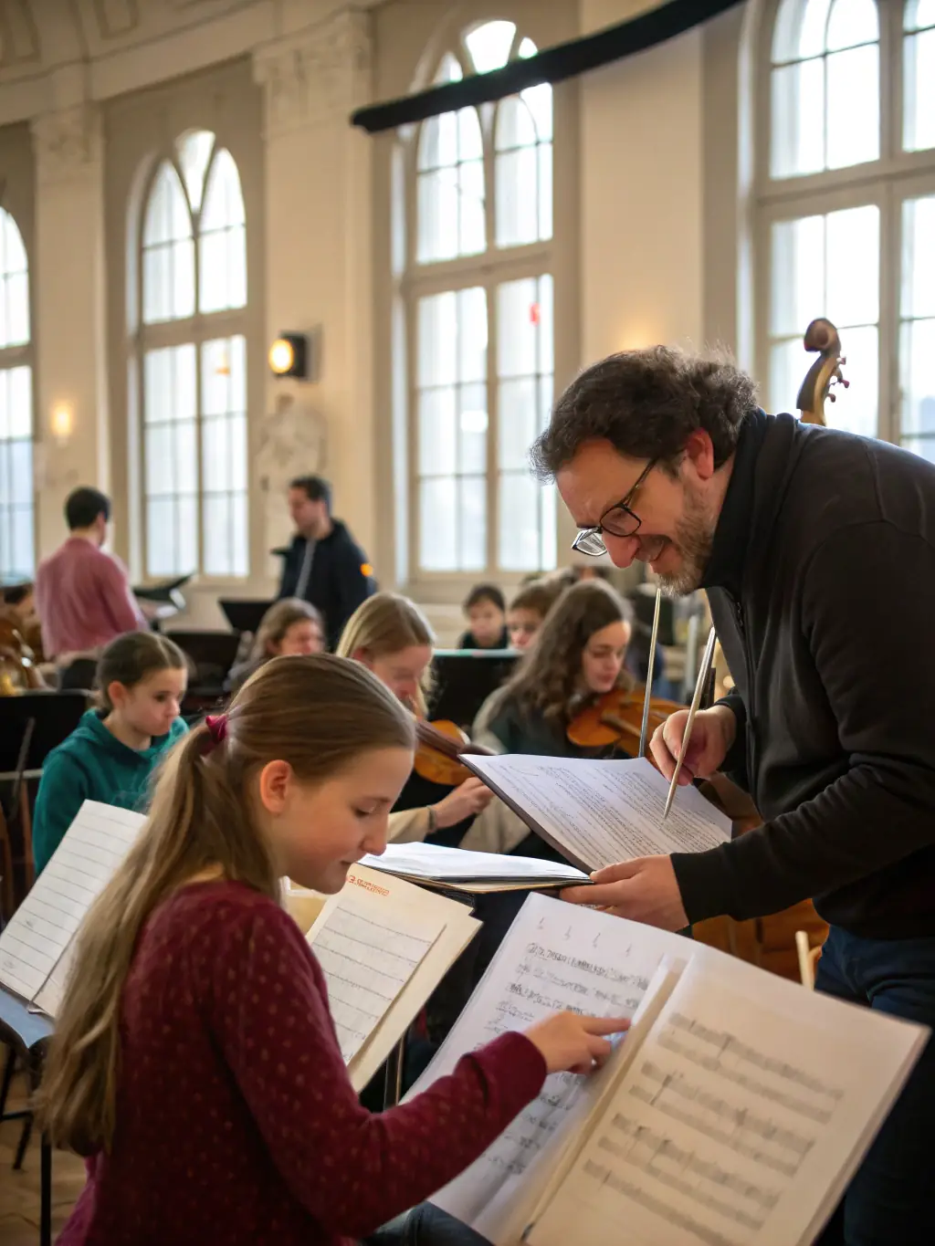 A photo of a workshop session led by ASSOCIATION LES SALES TEINTS BRANQUES, where participants are actively involved in learning about music composition and artistic techniques.